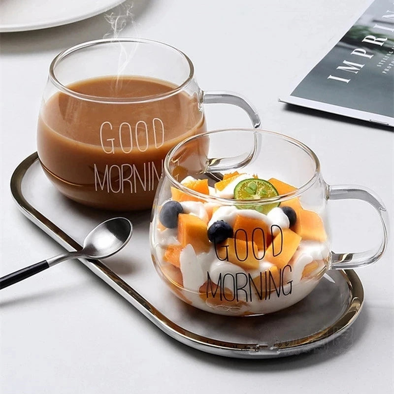 Transparent Glass Cup for Creative Coffee Drink, Dessert, Breakfast, Milk, Glass Mugs, Handle Drinkware
