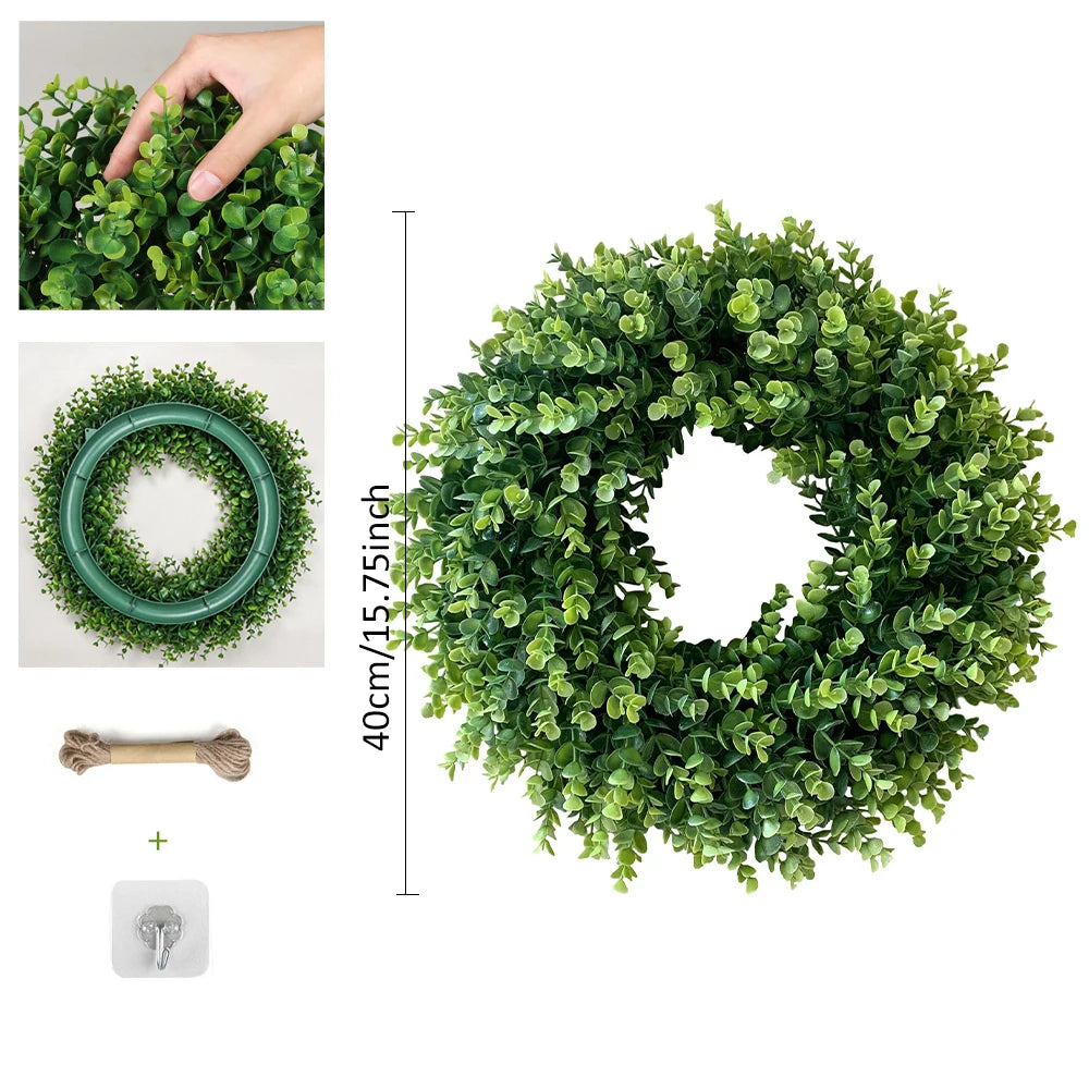 Eucalyptus Wreaths Spring Round Faux, Greenery Wreath for Wall, Window, Rustic Home Outdoor And Indoor Decor
