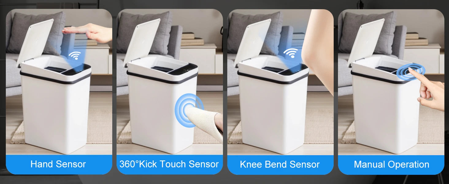 2pcs White Automatic Trash Cans Touchless Motion Sensor Slim with Lid for Bathroom, Bedroom, Living Room and Office
