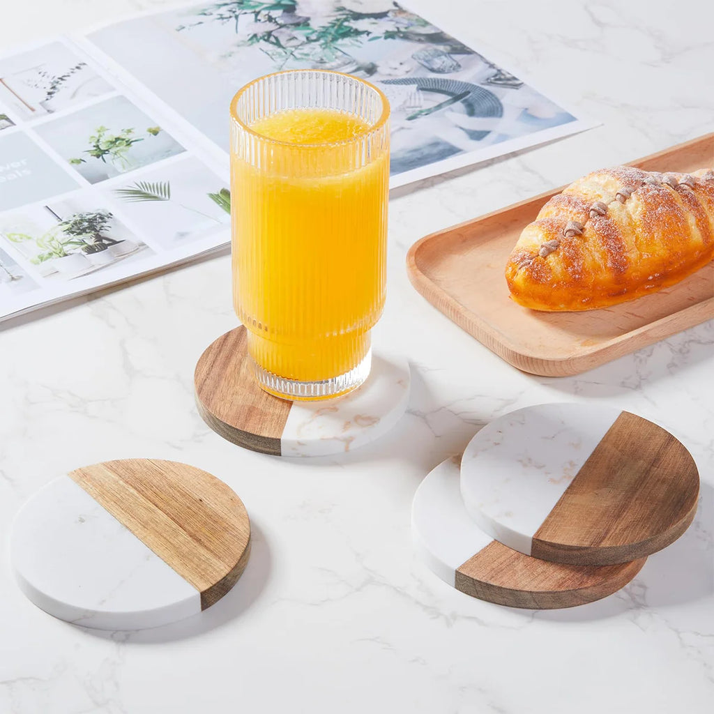 4 pcs Elegant Wooden and Marble Coaster Set, Perfect for Protecting Your Furniture