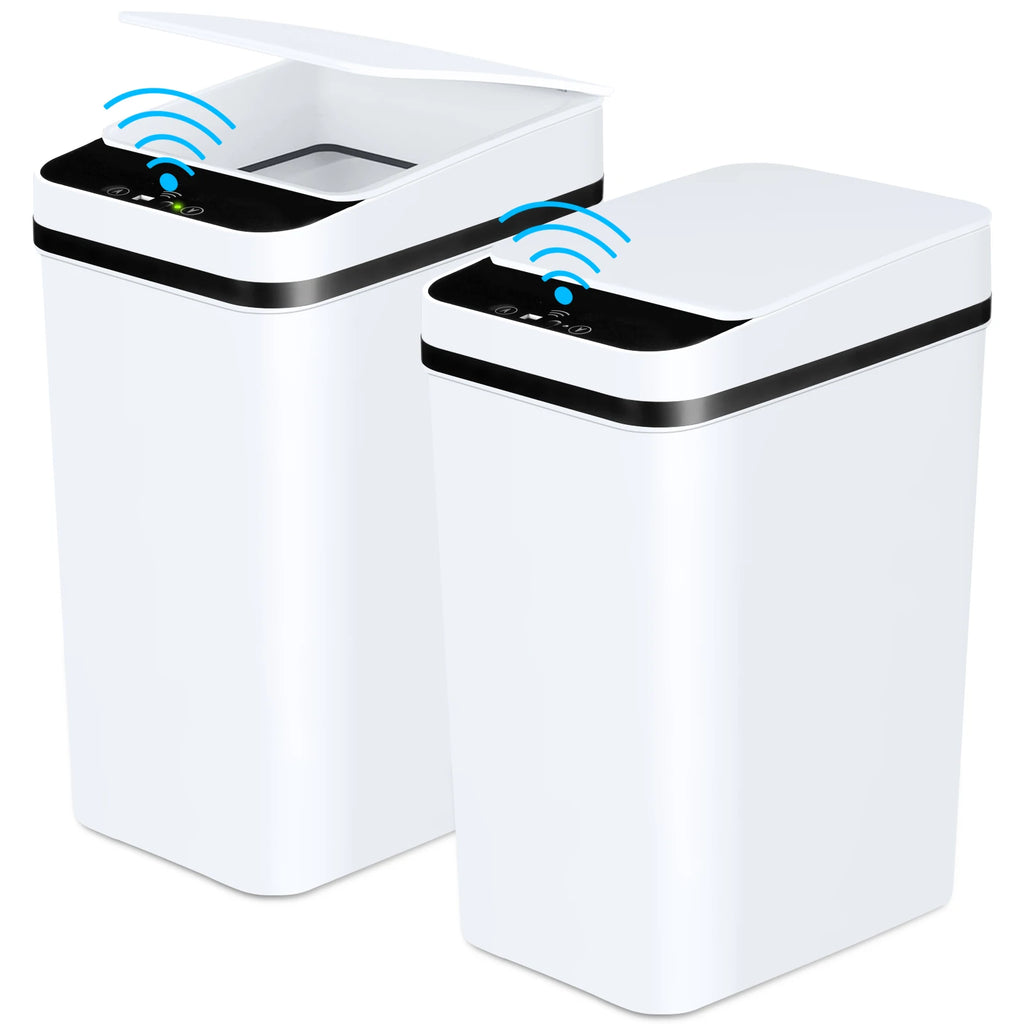 2pcs White Automatic Trash Cans Touchless Motion Sensor Slim with Lid for Bathroom, Bedroom, Living Room and Office