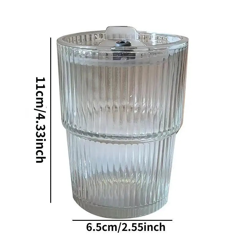 Elegant Design Striped Glass Mug Clear Drink Glass with Lid and Straw