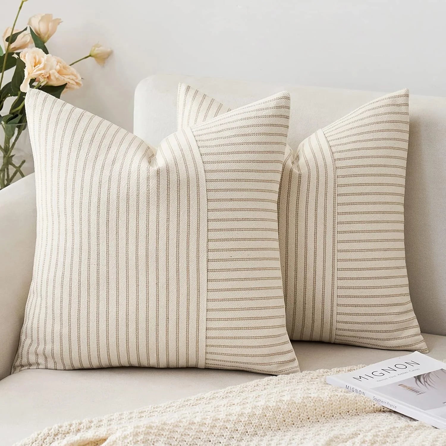 Modern Black and Beige Striped Linen Pillow Covers
