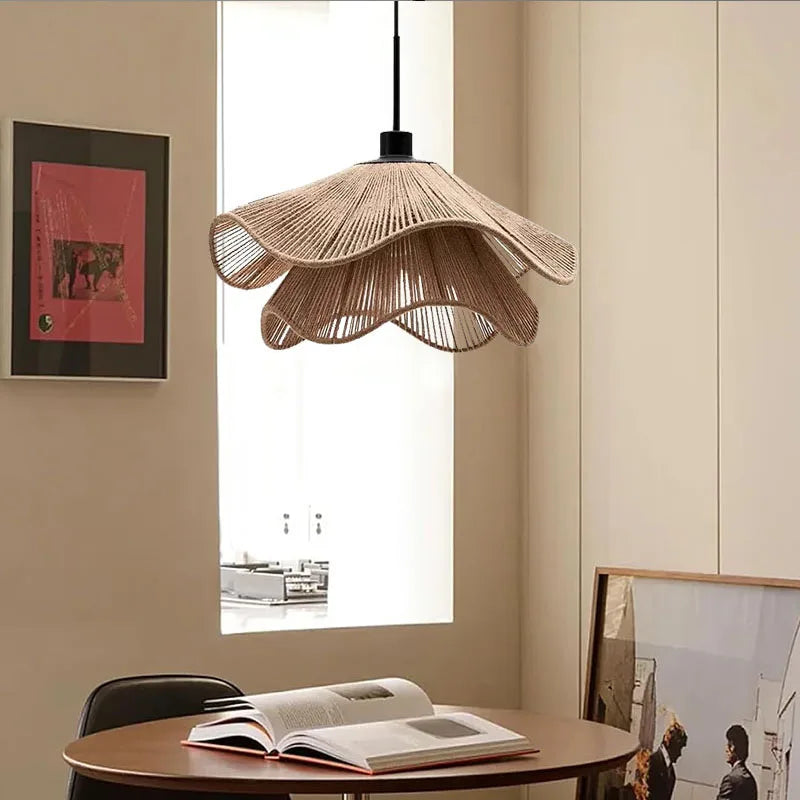 Rattan Flower Chandelier, Home Accent Decoration For Living Room, Dining, Bedroom, Height Adjustable
