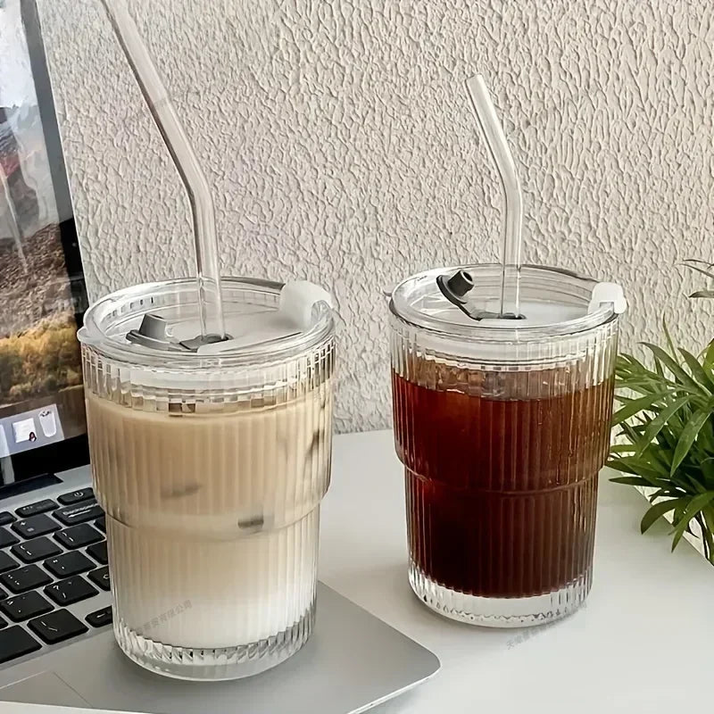Elegant Design Striped Glass Mug Clear Drink Glass with Lid and Straw