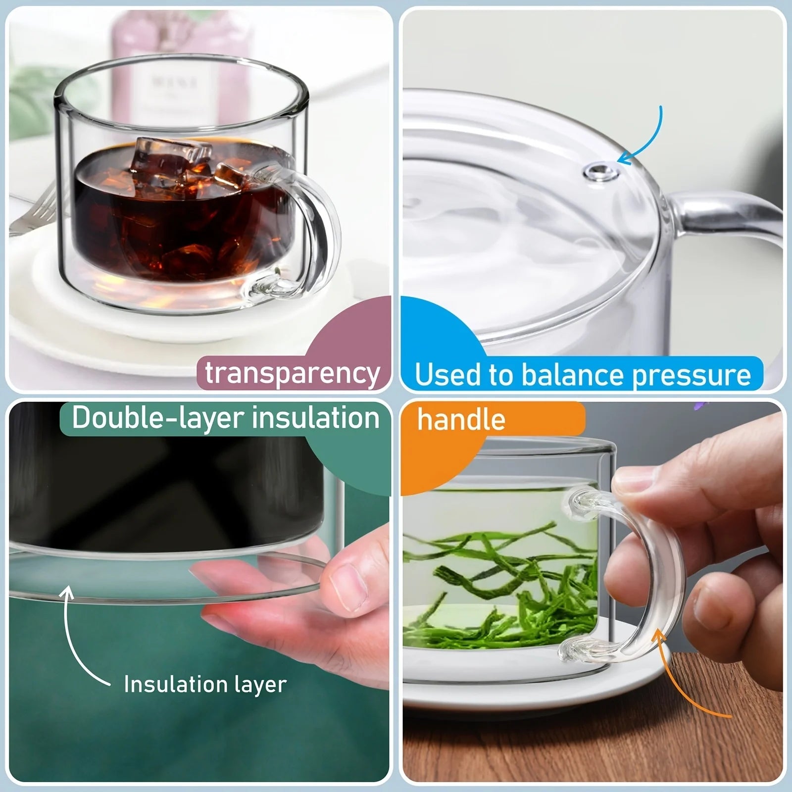 2 Pcs Double-Layer Cup, Large Capacity Glass Water Cup, Coffee