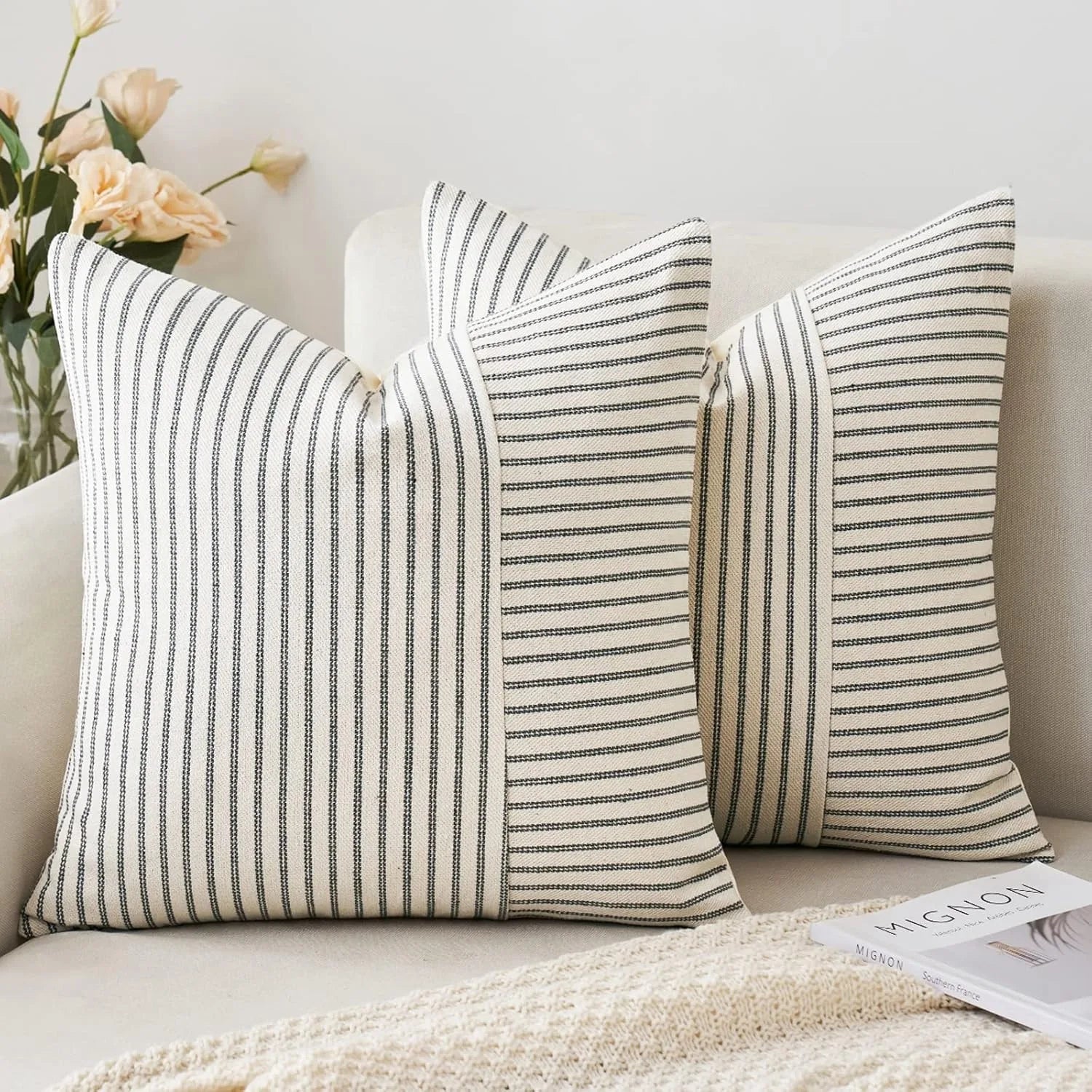 Modern Black and Beige Striped Linen Pillow Covers