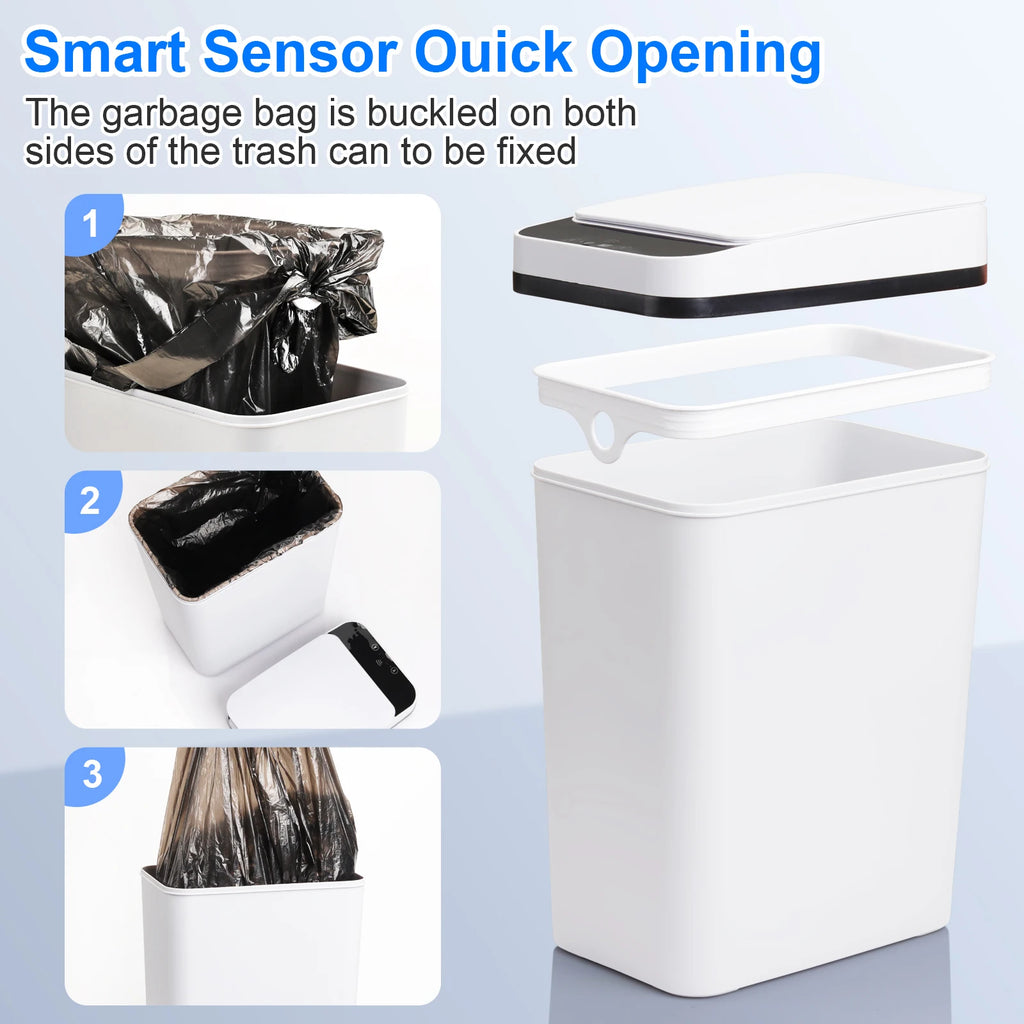 2pcs White Automatic Trash Cans Touchless Motion Sensor Slim with Lid for Bathroom, Bedroom, Living Room and Office