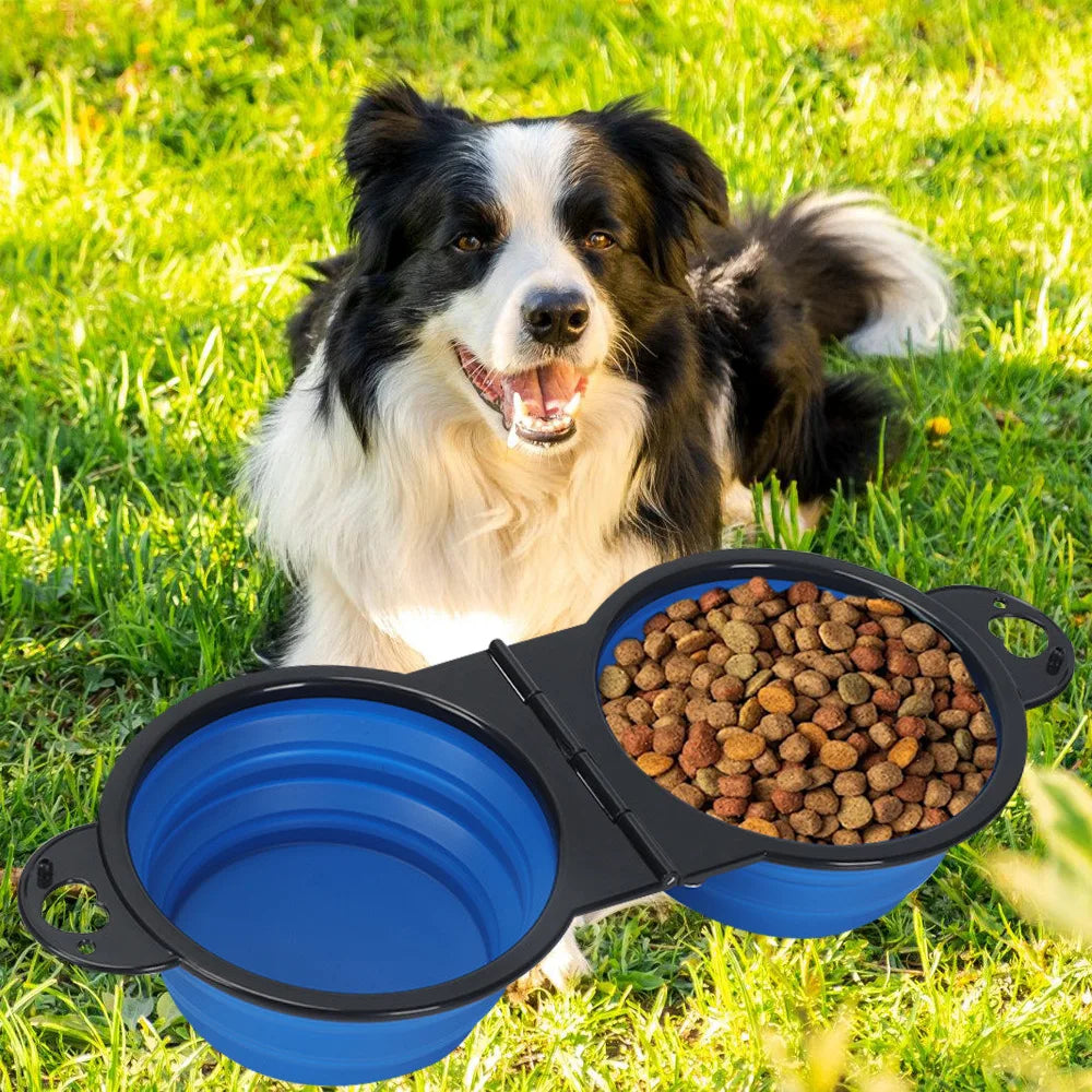 2-in-1 foldable dual portable outdoor travel dog and cat drinking bowl