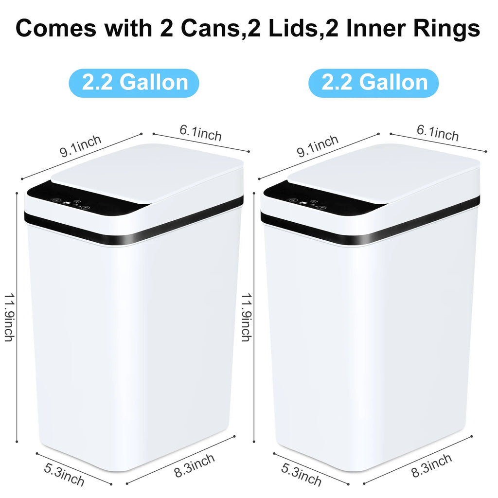 2pcs White Automatic Trash Cans Touchless Motion Sensor Slim with Lid for Bathroom, Bedroom, Living Room and Office