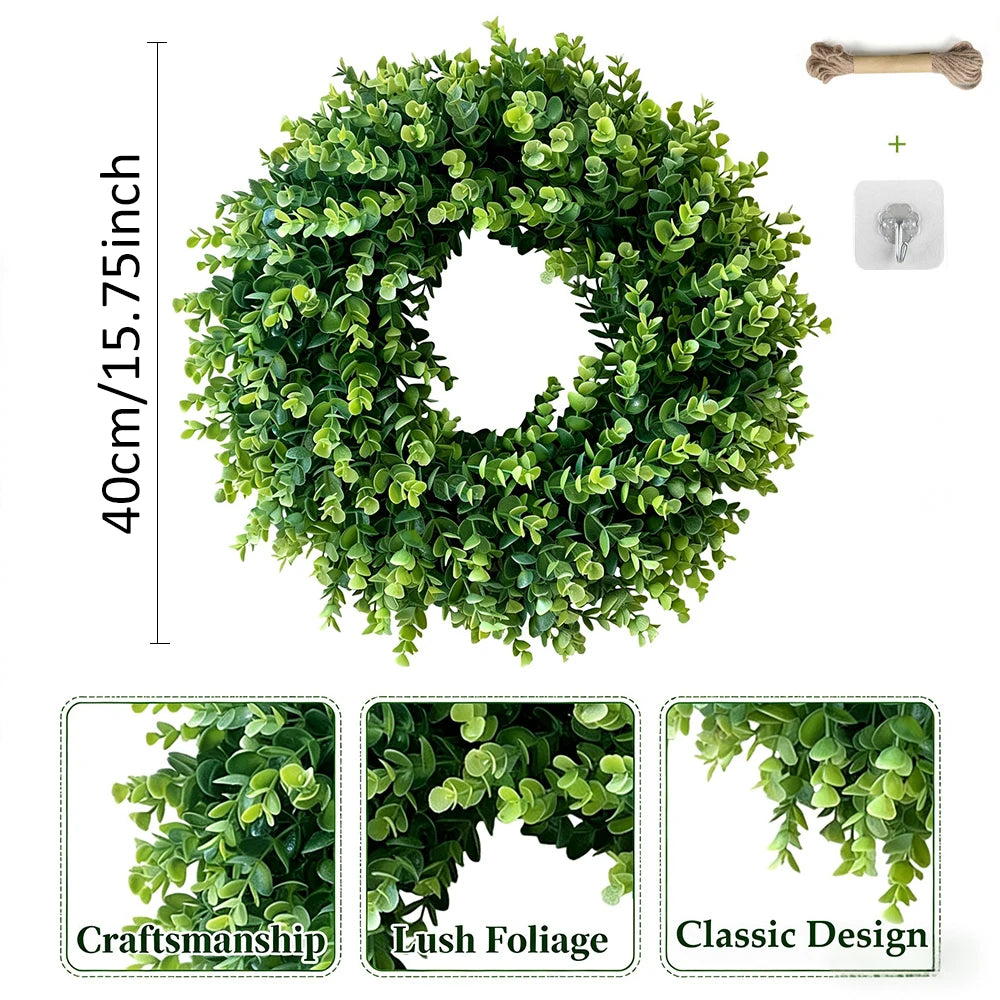 Eucalyptus Wreaths Spring Round Faux, Greenery Wreath for Wall, Window, Rustic Home Outdoor And Indoor Decor