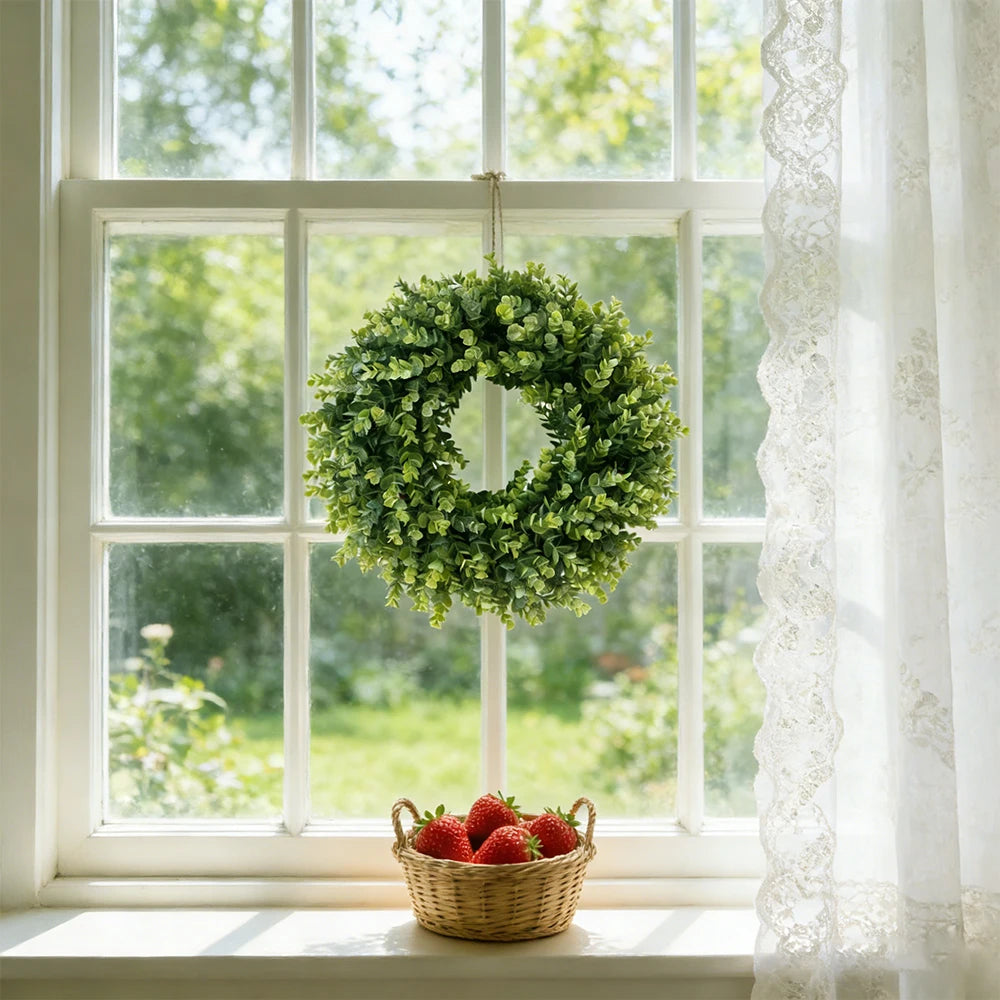 Eucalyptus Wreaths Spring Round Faux, Greenery Wreath for Wall, Window, Rustic Home Outdoor And Indoor Decor