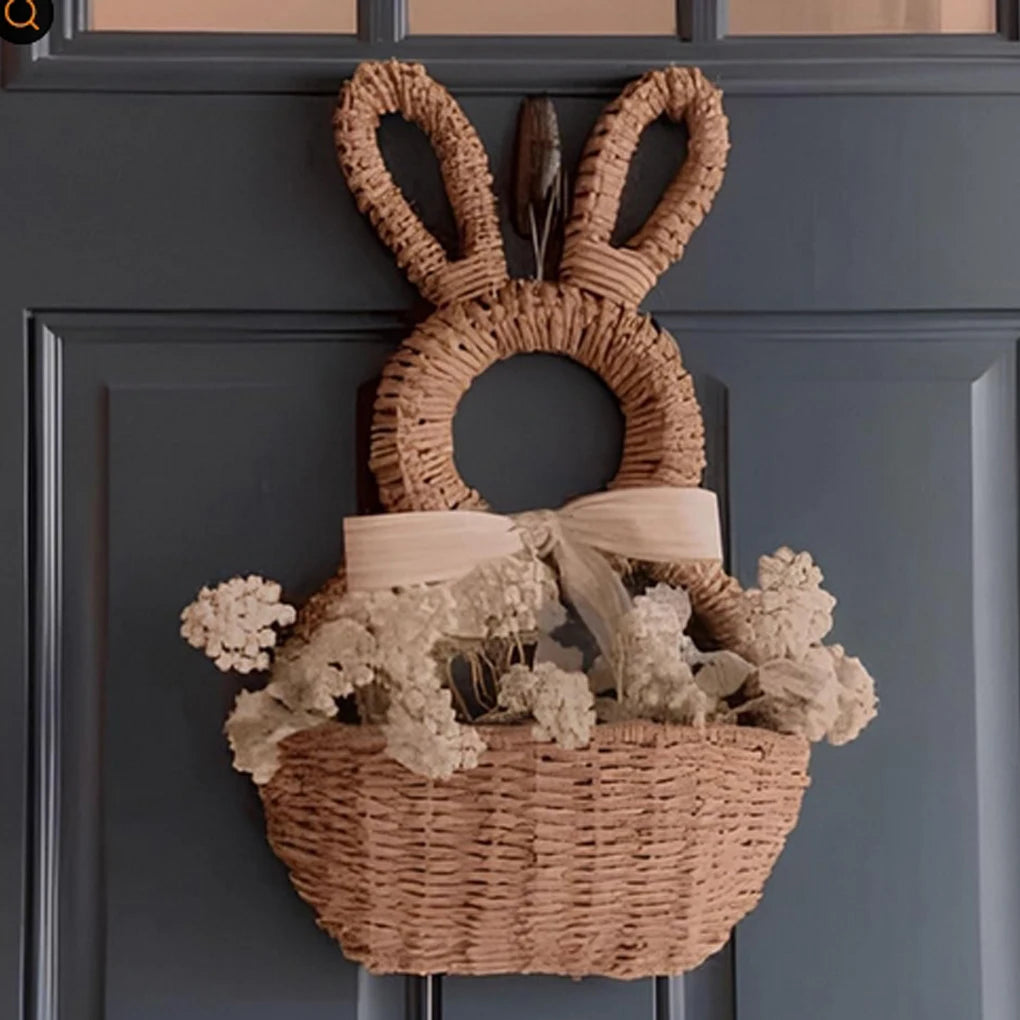 Natural Hand Woven Wickers Easter Bunny Basket Cute For Front Door Decorations