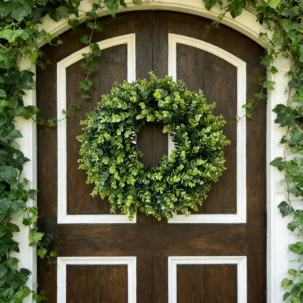 Eucalyptus Wreaths Spring Round Faux, Greenery Wreath for Wall, Window, Rustic Home Outdoor And Indoor Decor