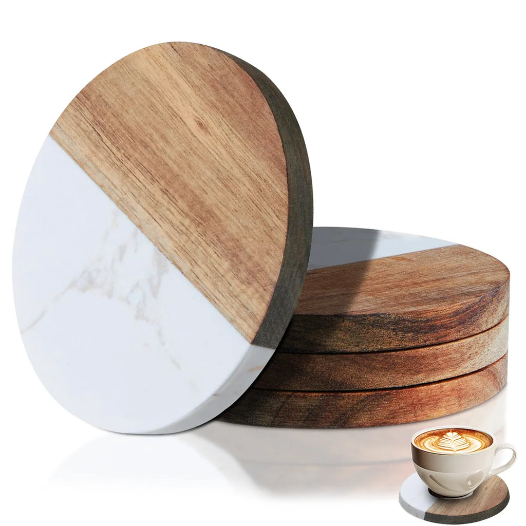 4 pcs Elegant Wooden and Marble Coaster Set, Perfect for Protecting Your Furniture