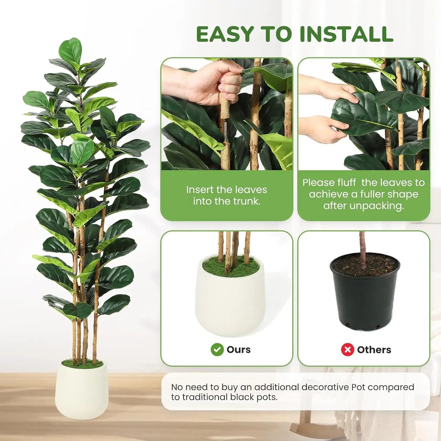 Artificial Fiddle Leaf Fig Tree with Pot Faux For Home Decor