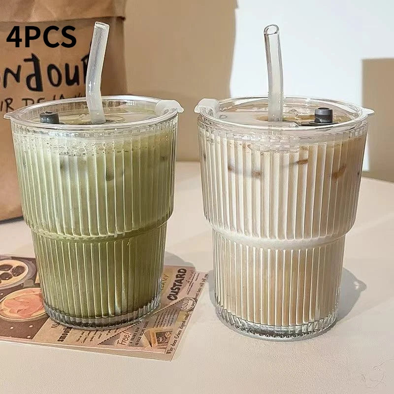 Elegant Design Striped Glass Mug Clear Drink Glass with Lid and Straw