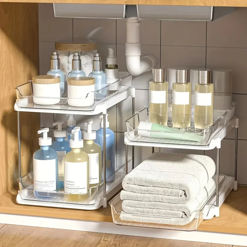 2 Tier Pull-Out Organizer, Storage Rack with Adjustable Dividers for Kitchen and Bathroom