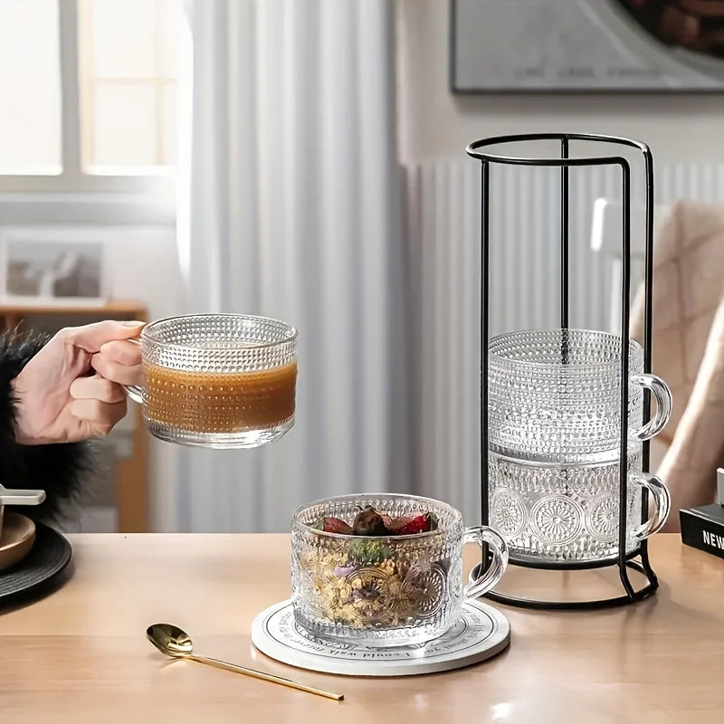 4-piece set of glass cups and wooden lids, vintage glass coffee cups are perfect for cappuccinos, latte, cereal, parfait